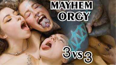 Mayhem 3 on 3 orgy, hardcore alt teen group fuck – anal, dp, blowjob, facial – alt, goth, punk, tatt