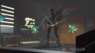 Cyber angel dickgirl plays with a sexy young ebony in the sci-fi lab
