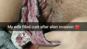 My wife lies with a pussy full of alien cum after breeding~ Hubby watch this